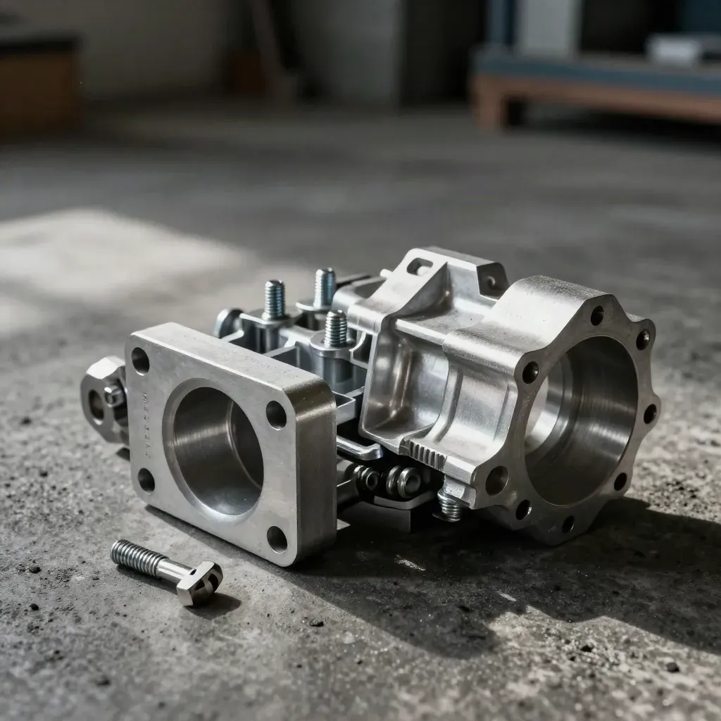 Machined gearbox housings and steel fasteners on dark concrete with dramatic side light.