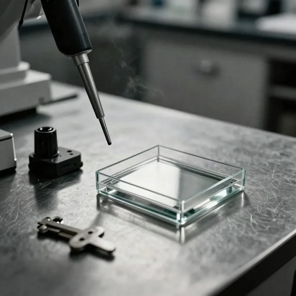Lab slide box, pipette stand, and jack on brushed steel with dramatic light