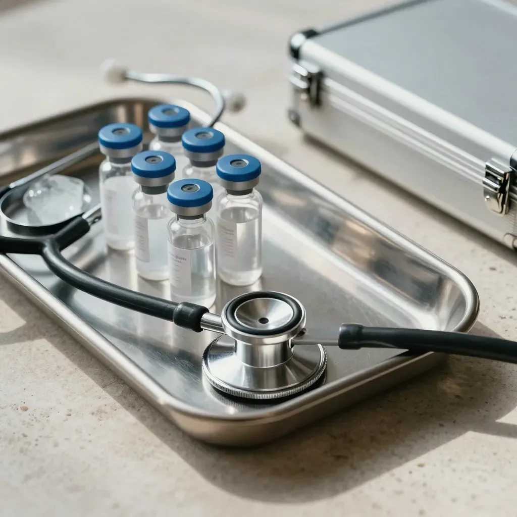 Medical tray with vials, stethoscope chestpiece, and aluminium case on pale stone.