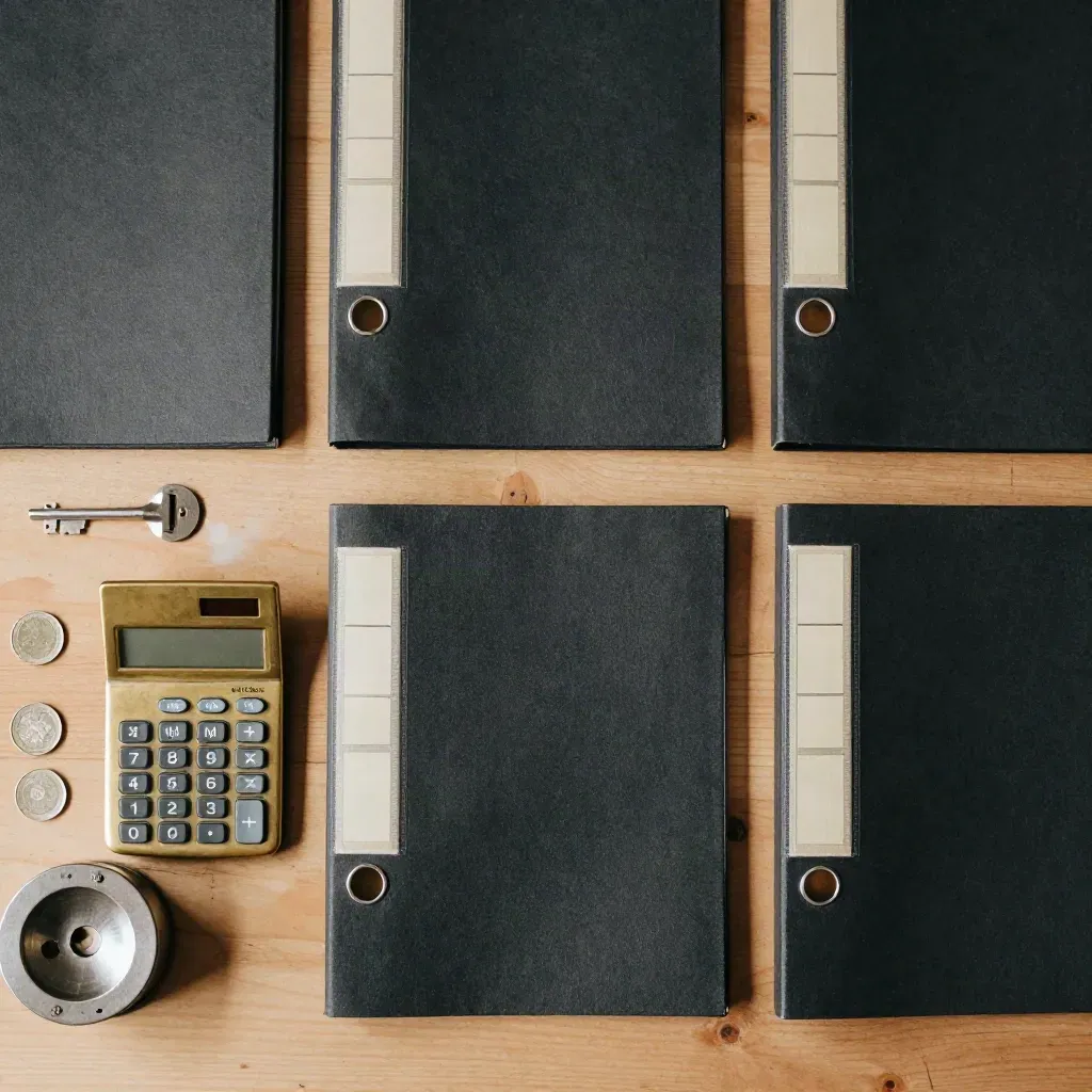 Archival binders, brass calculator, coin trays and steel paperweight on pale wood.