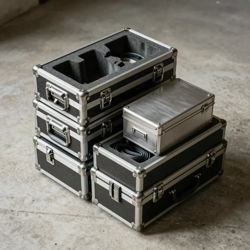 Opened transport cases with foam inserts, cable ties, and a metal junction box on pale concrete
