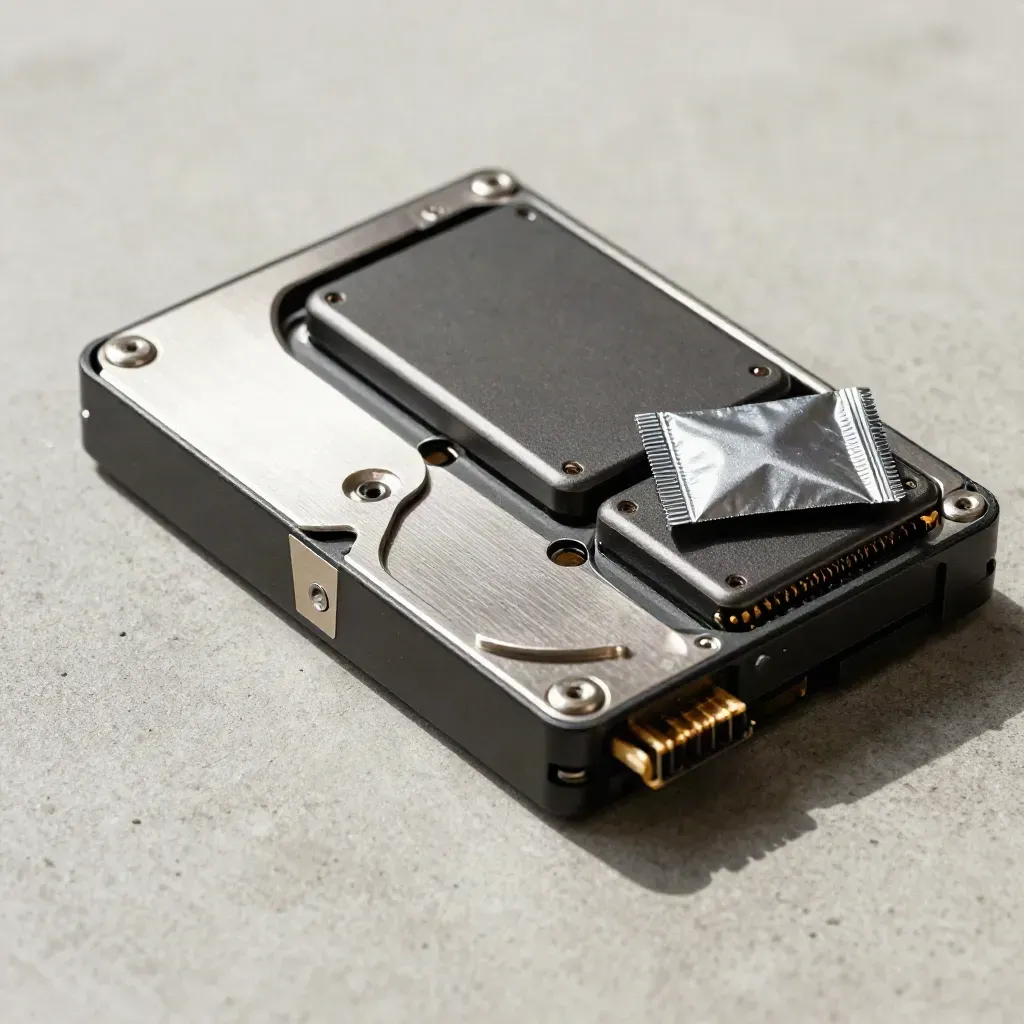 Hot-swap server drive sled beside two SSDs and an anti-static pouch on matte concrete.