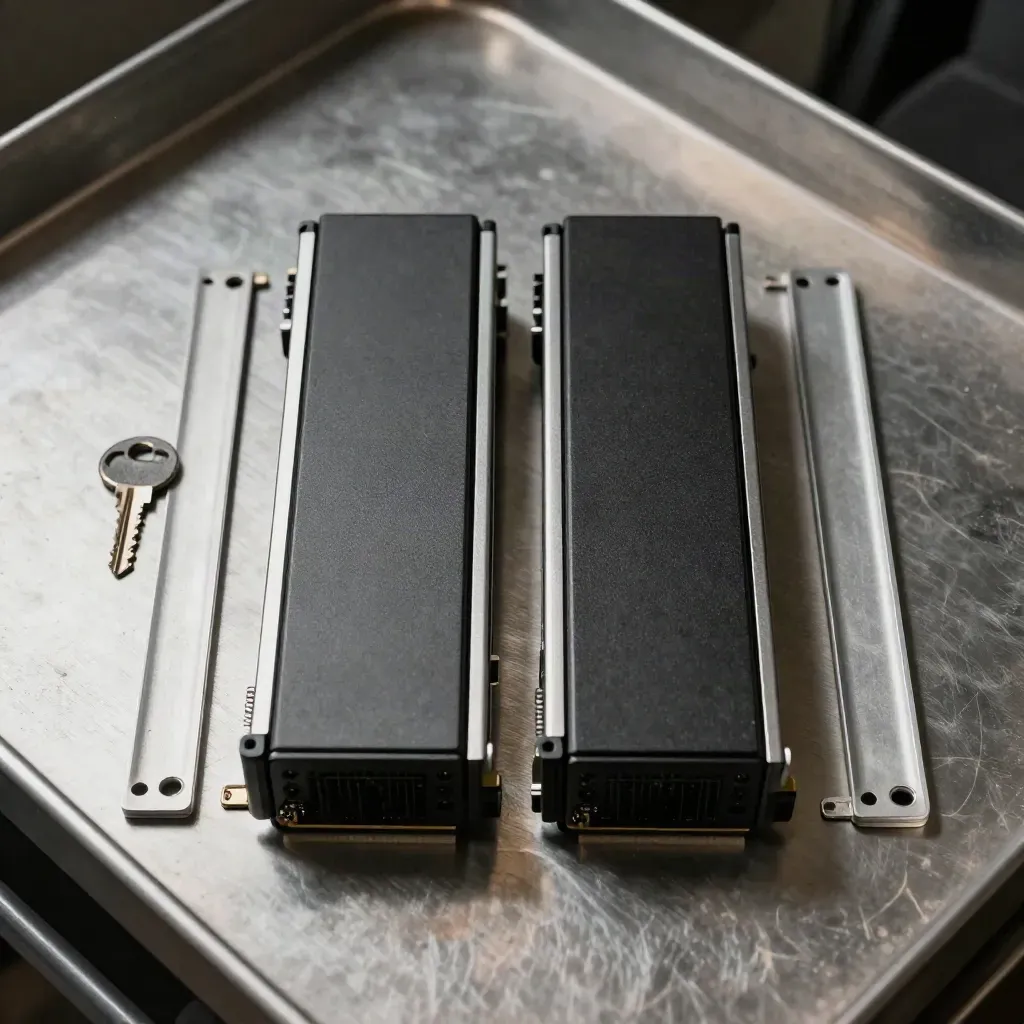 Top-down still life of twin rack server modules and a spare rail on brushed metal.