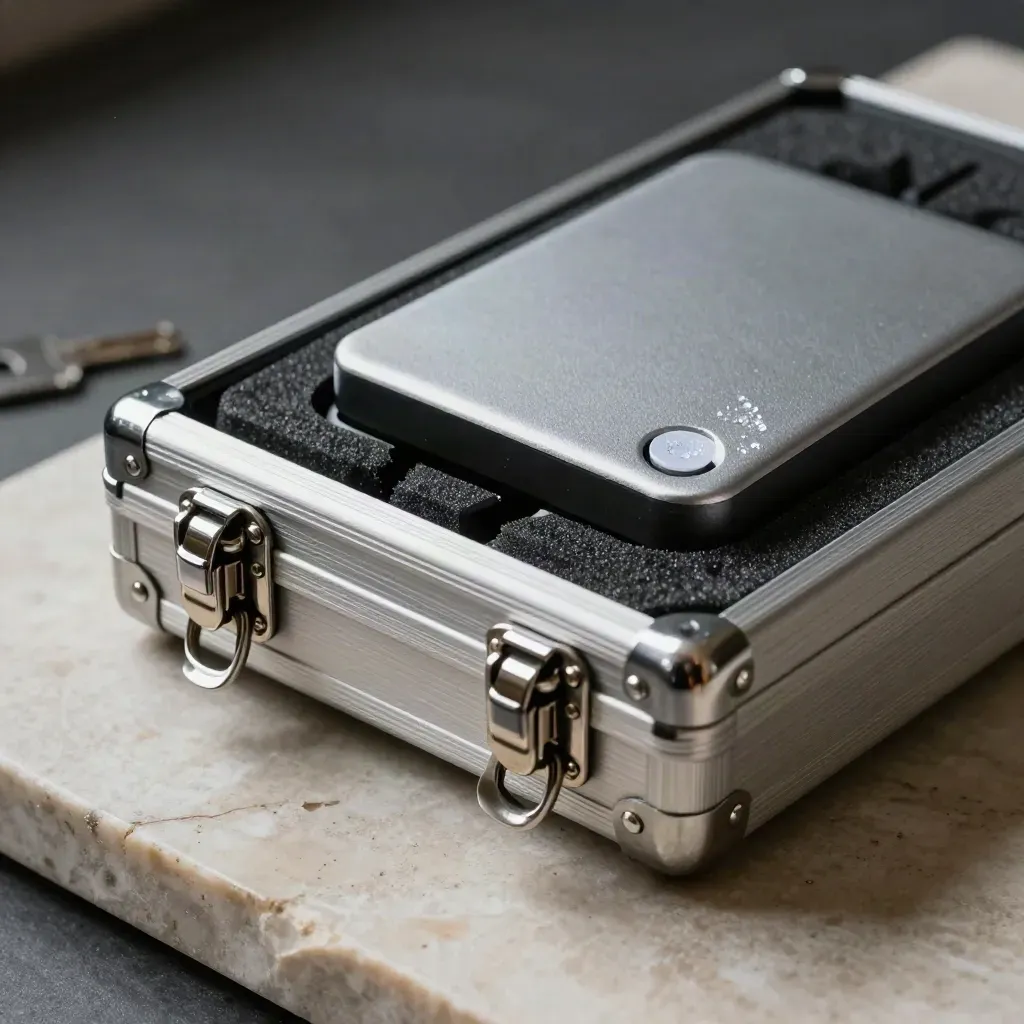 Brushed steel encrypted drive case with spare drive in foam recess on pale stone.