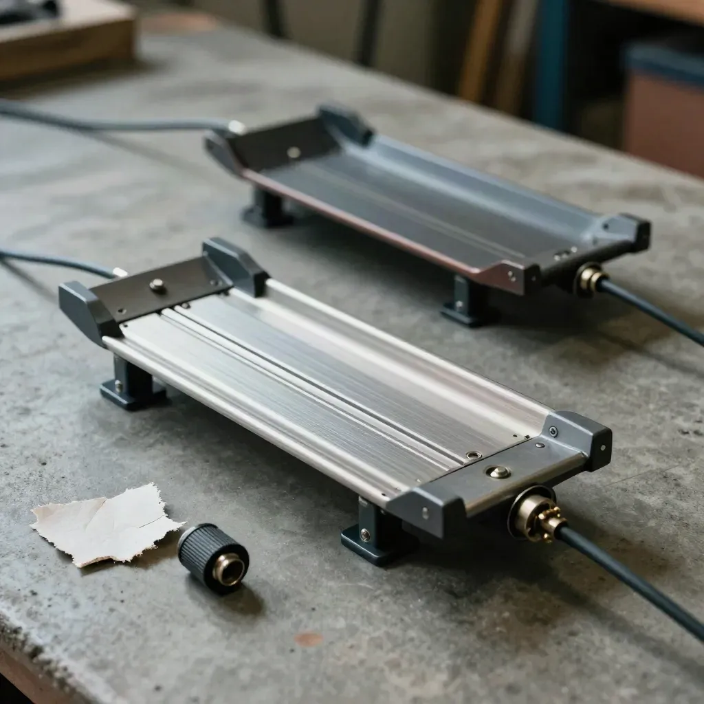 Two server sleds connected by a transfer cable on a concrete workbench, with foam packing beside them.