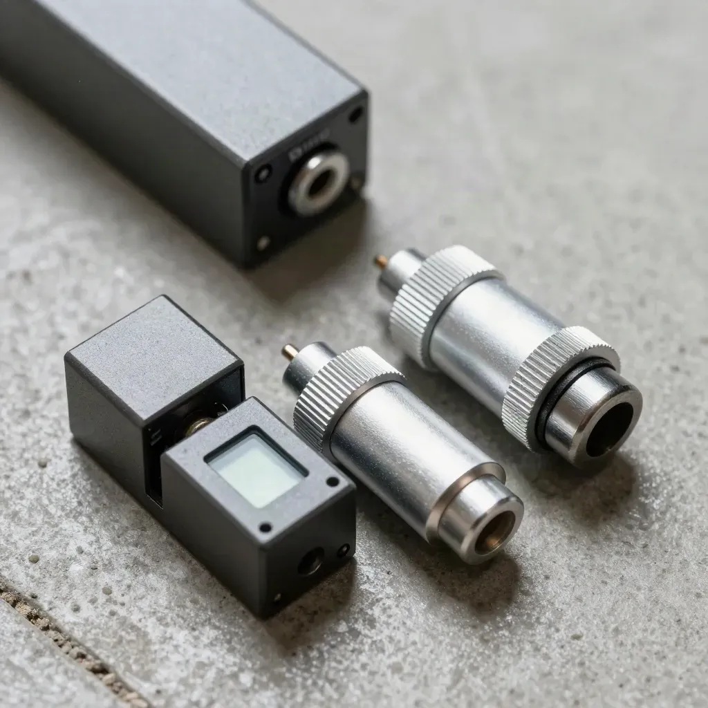 Brushed relay hardware and sensor pods on concrete in a tight macro with icy highlights.