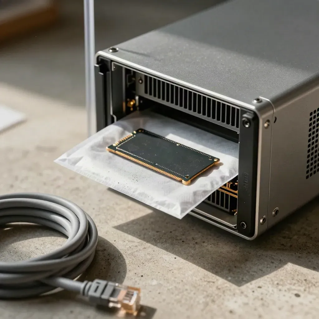 Compact server kit, SSD sleeve, and coiled cable seen through a blurred acrylic divider.