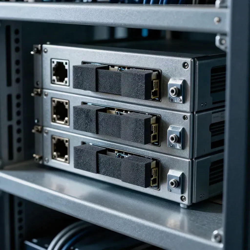 Server rack parts laid out for maintenance, seen through a blurred foreground rail
