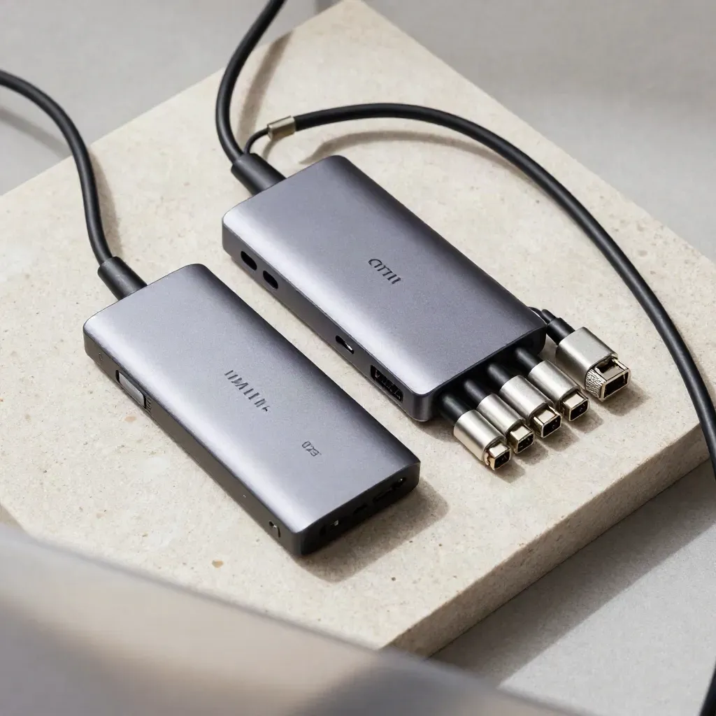 Top-down still life of SSDs, drive dock, USB-C hub and ethernet adapters on pale stone.