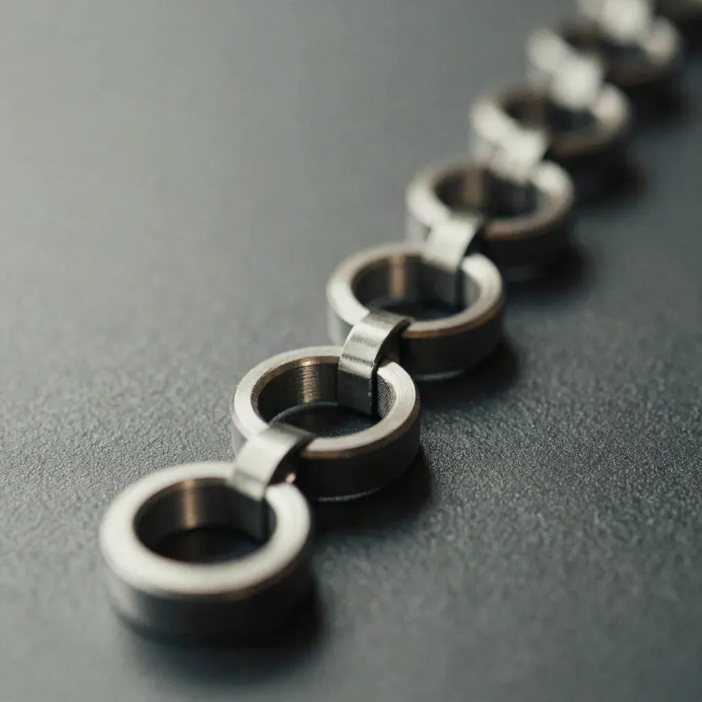 Top-down macro of linked aluminum rings and connector housings on a graphite surface