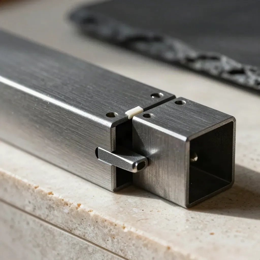 Steel modular blocks joined by a matte bridge on limestone, lit dramatically from the upper left.