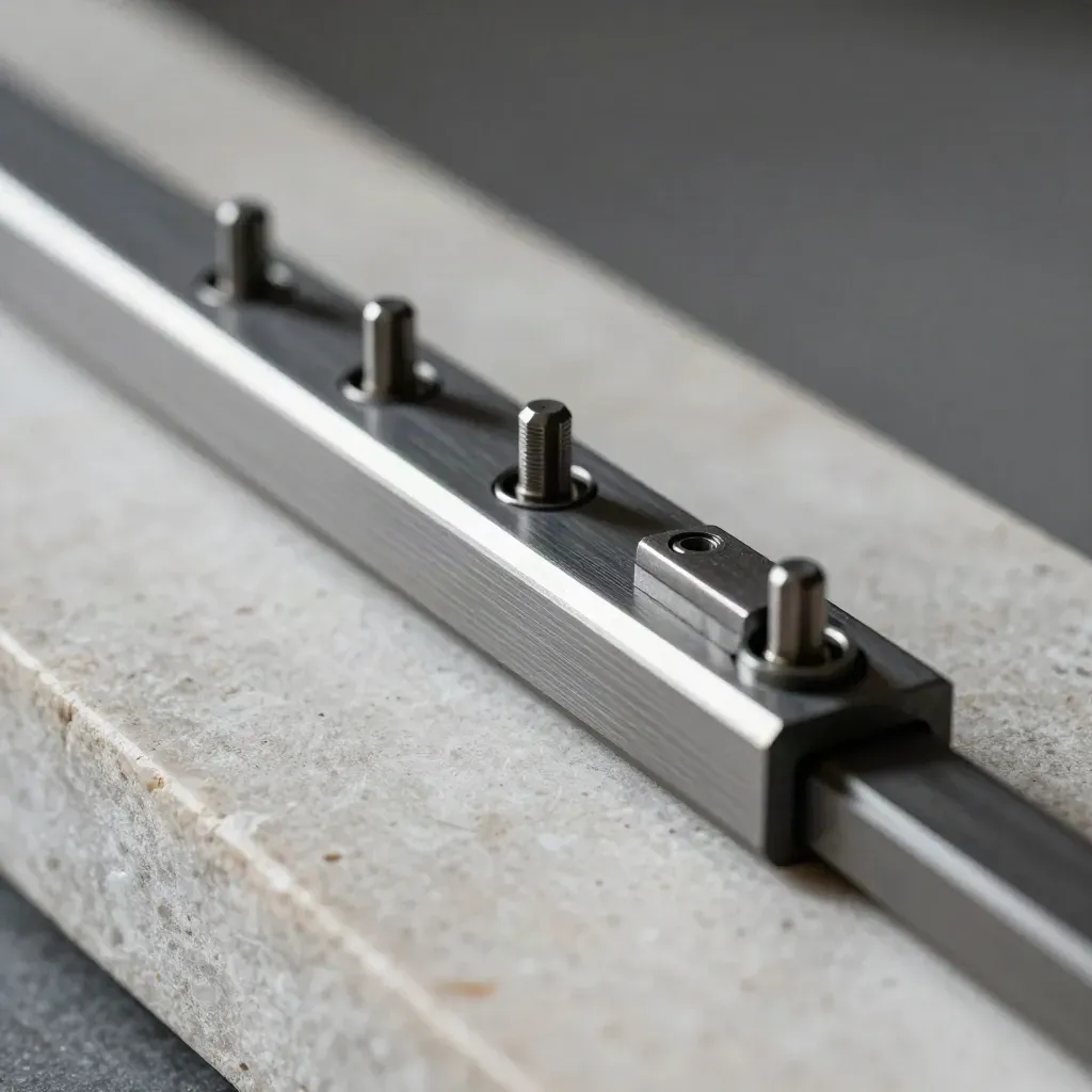 Macro of metal rail parts aligned on pale stone with long shadows and ice-toned highlights.