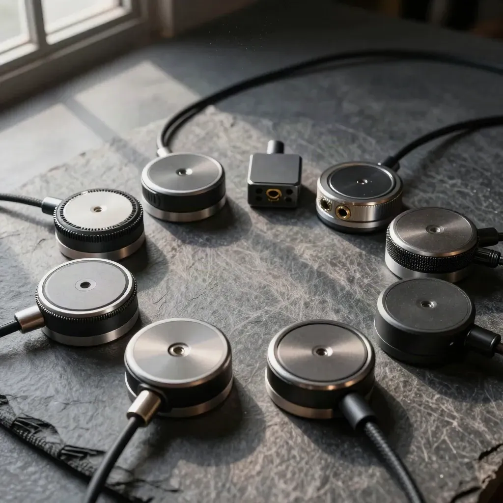 Top-down macro of cloud monitoring modules, braided cords, and connector hubs on slate.