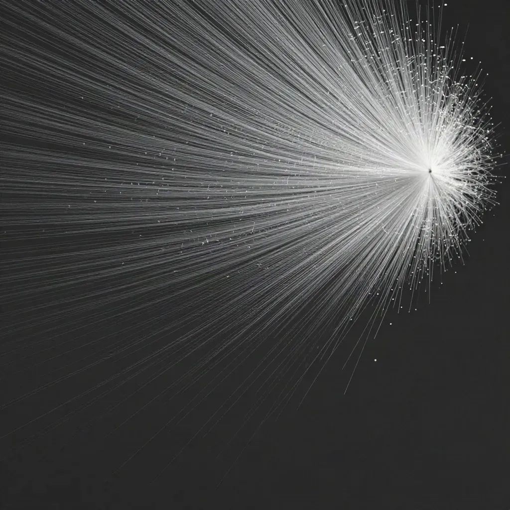 Silver filaments converge into a white bloom in graphite haze, with quiet space below.